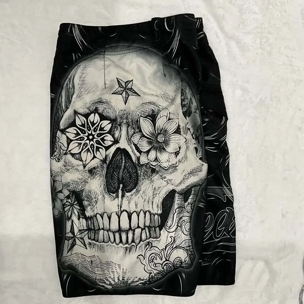 Fearless Skull Tattoo Board Shorts Cyber Y2K Goth Trunks Size 32
